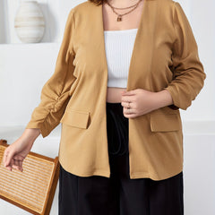 Blazer Women's Plus Solid Ruched Long Sleeve Open Front Blazer