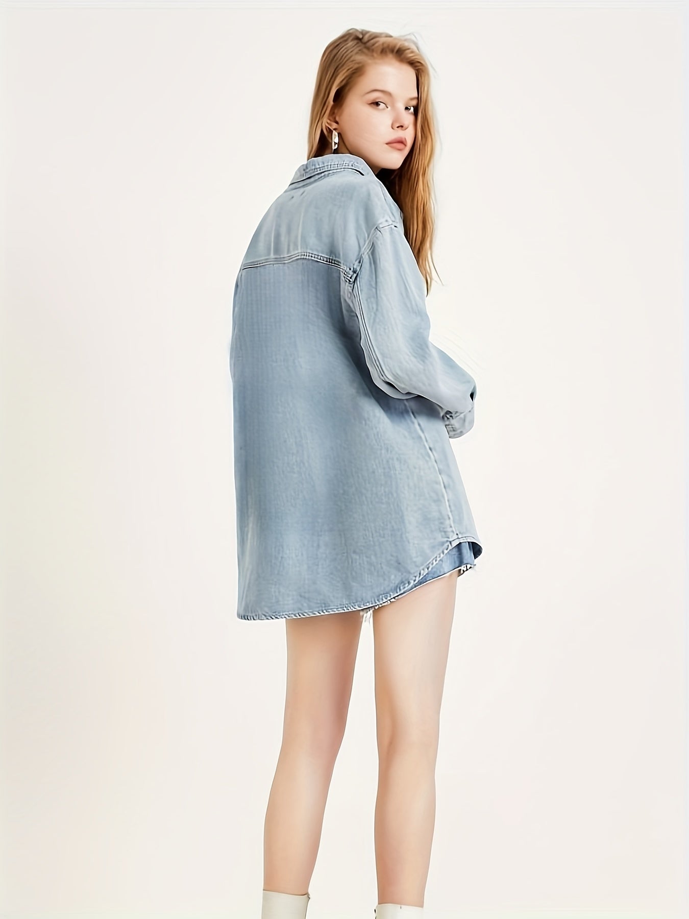 Loose Fit Long Sleeves Denim Shirt Women's Clothing