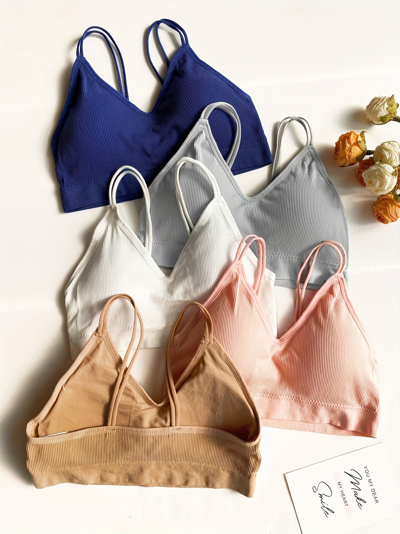 4pcs Ribbed Wireless Bras Double Straps Everyday Bra Women's Lingerie