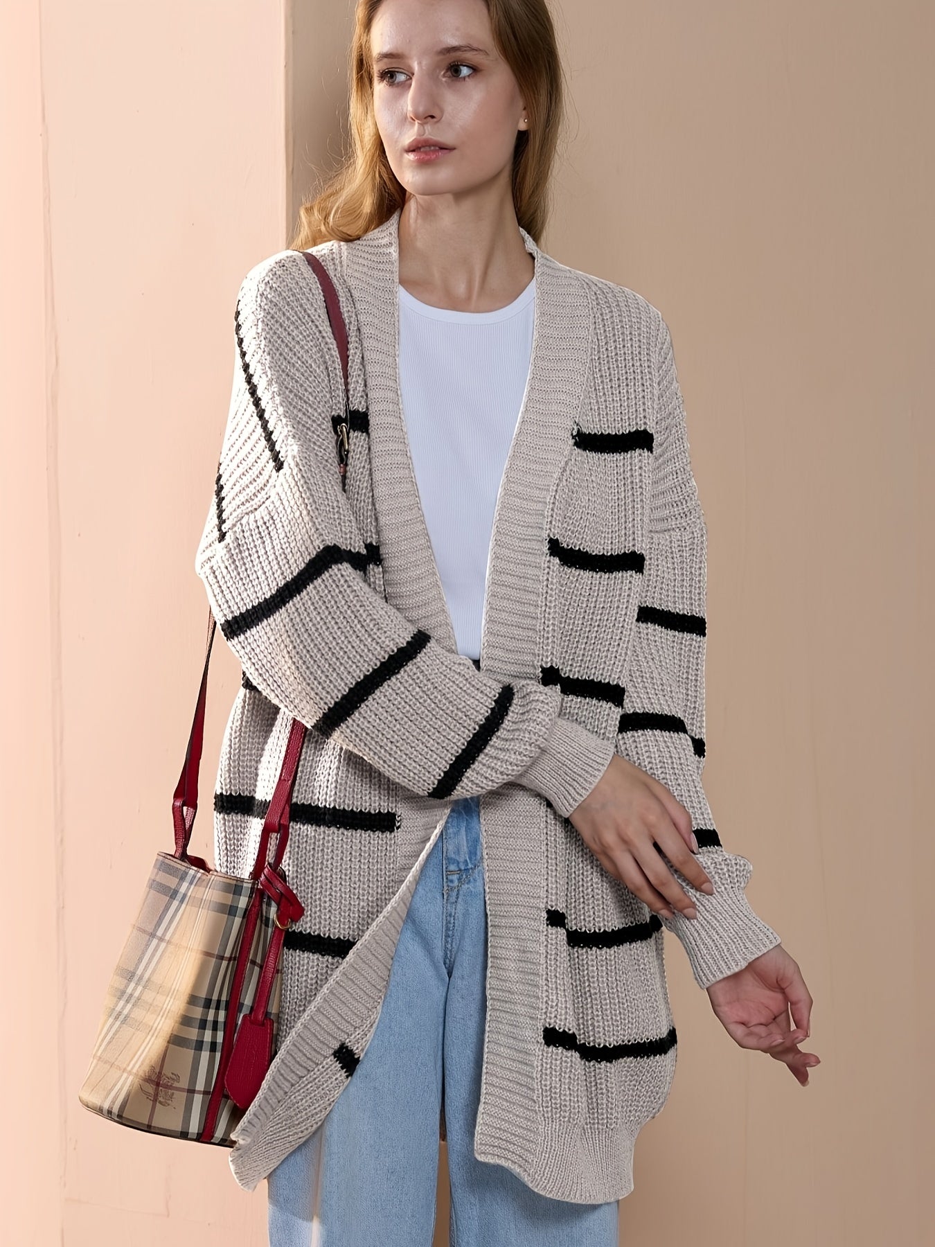 Stripe Print Open Front Cardigan