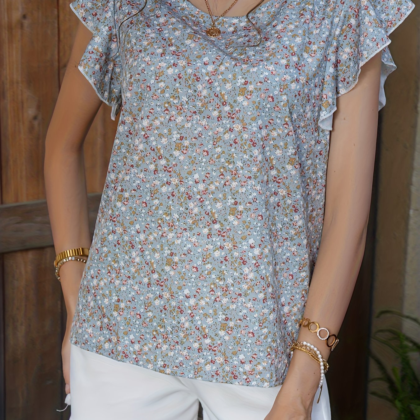 Floral Print Ruffle Trim Cap Sleeve Top