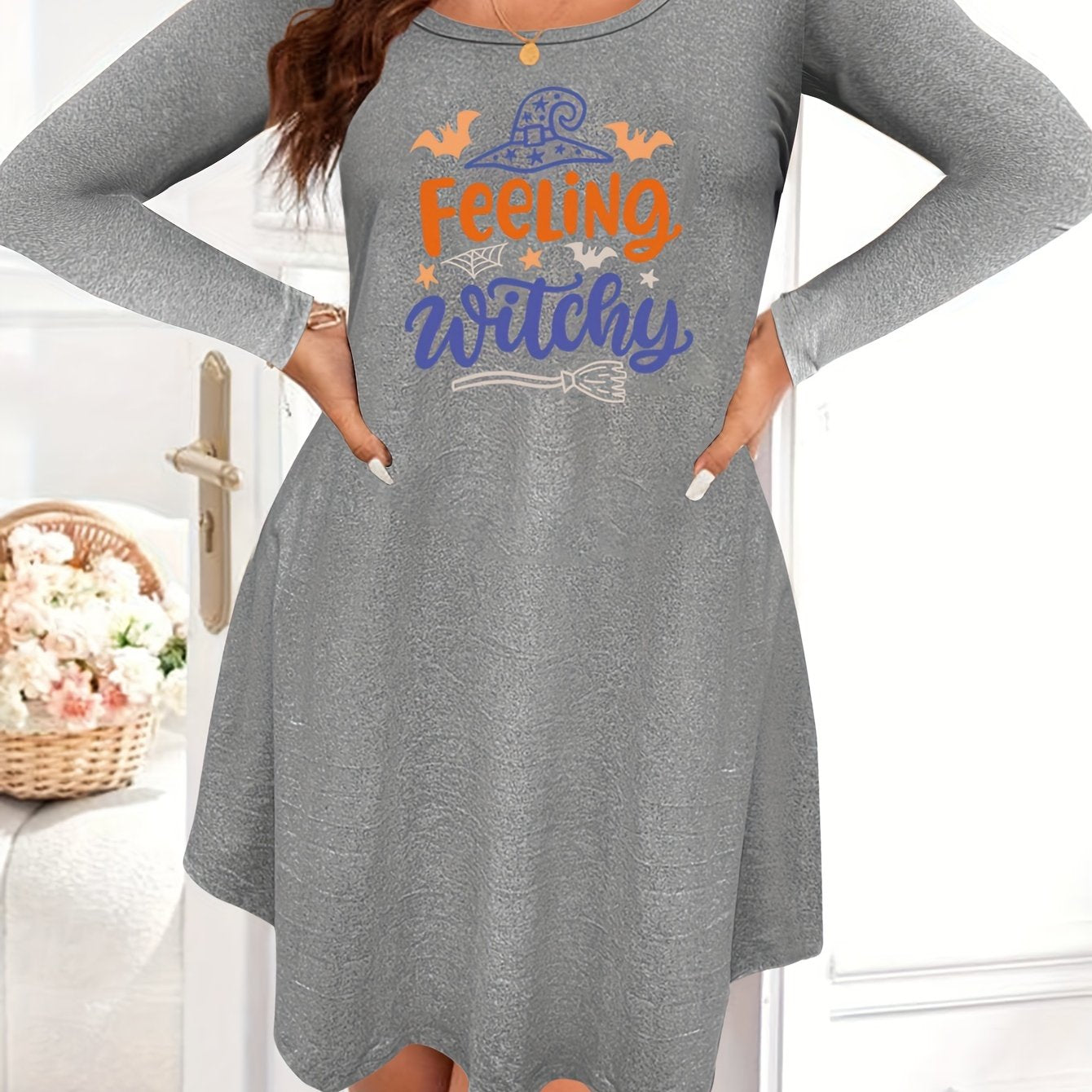 Witch Hat Print Nightdress Long Sleeve Tee Sleep Dress