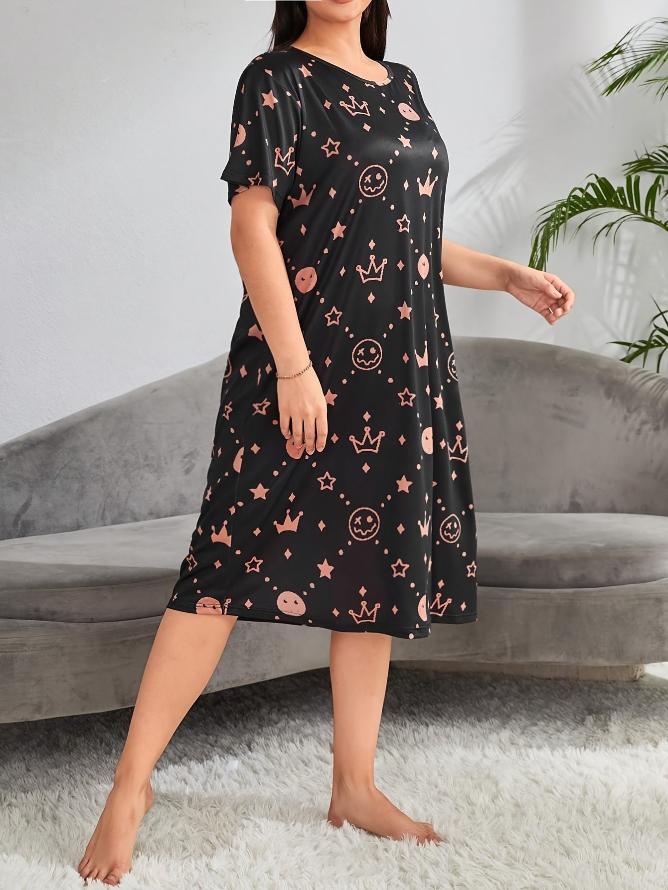 Nightdress Women's Plus Cartoon & Star Print Short Sleeve Sleep Dress