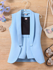 3pcs Toddler Girls Shawl Collar Vest & Shorts & Cami Top Set Summer Clothes