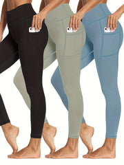 3 Pack Plus Size Sports Leggings Women's Plus Solid Pipping High Stretch