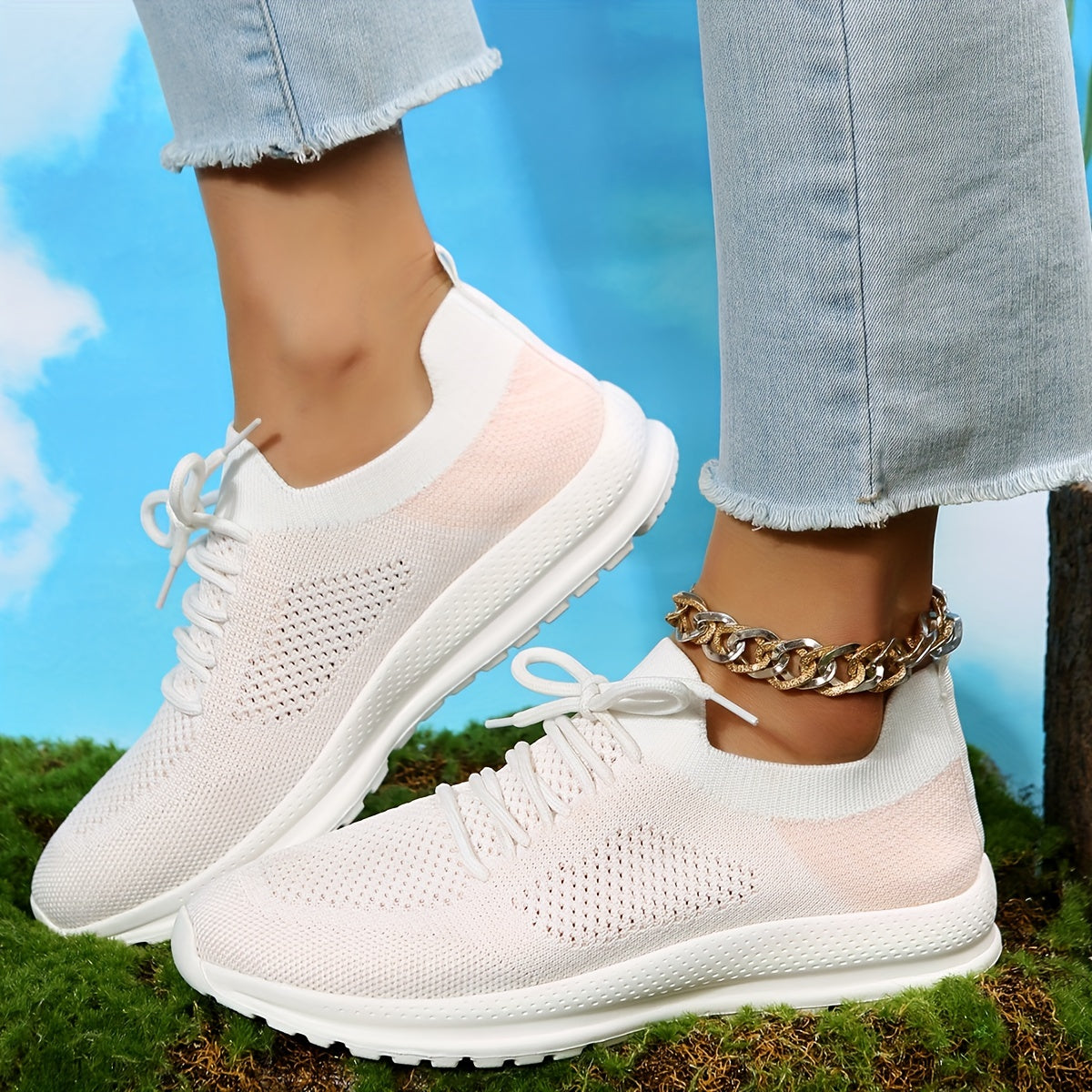 Women's Knitted Sports Shoes Lightweight Lace Up Non Slip Running Shoes
