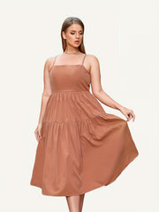 Solid Square Neck Bow Knot Back Midi Dress