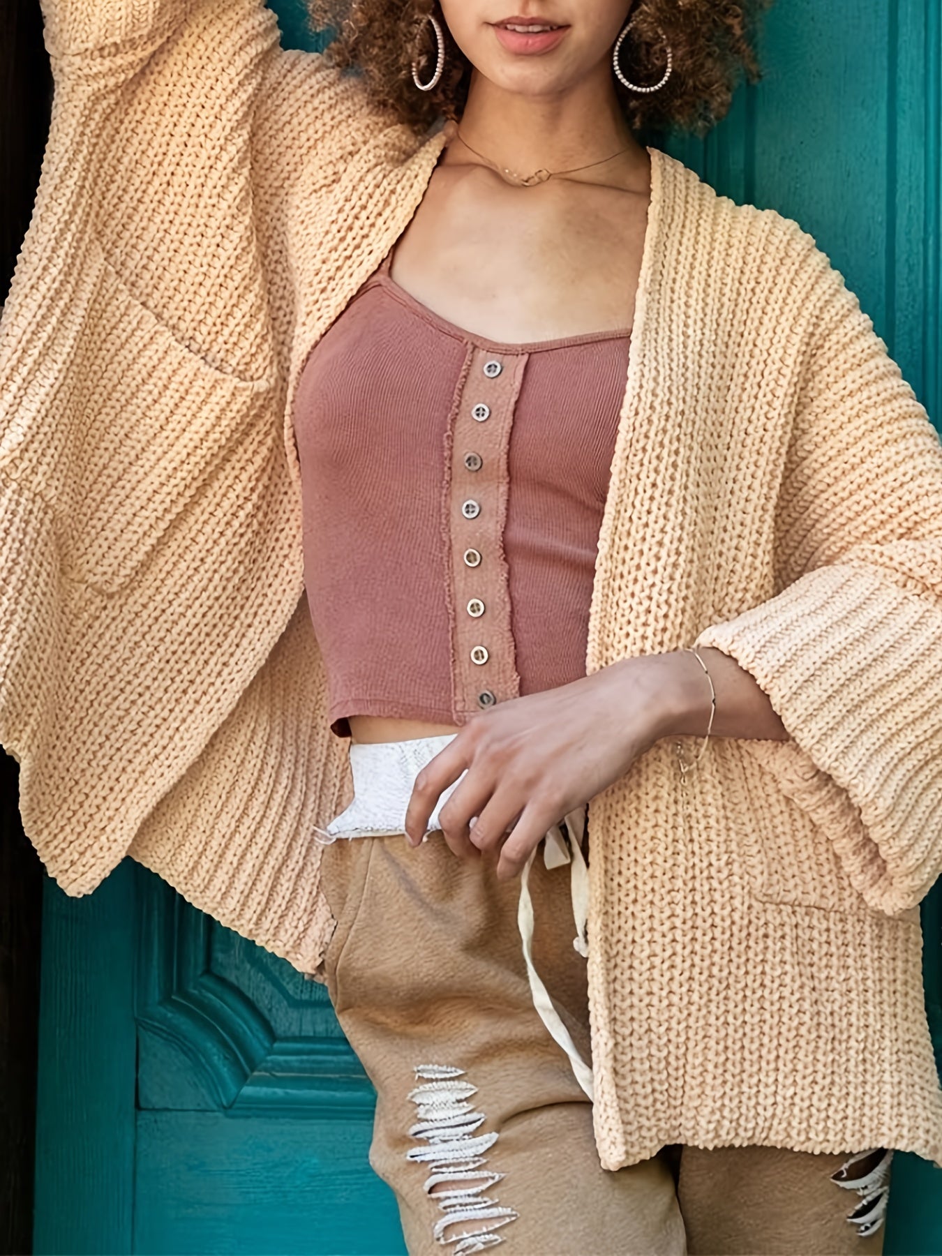 Solid Long Sleeve Open Front Cardigan With Pockets
