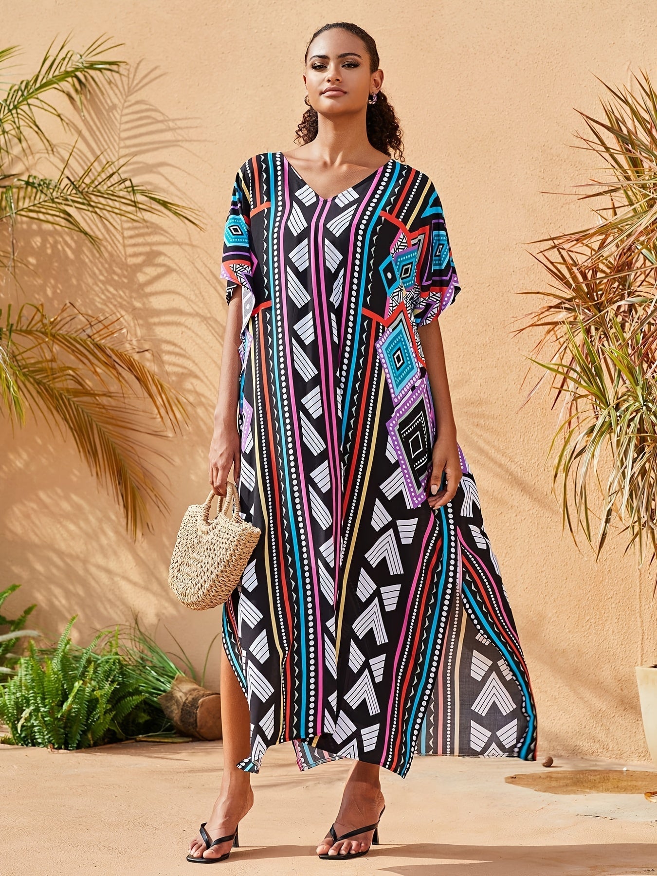 Boho Kaftan Dress Women's Plus Geo Print V Neck Maxi Beach Dress
