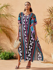 Boho Kaftan Dress Women's Plus Geo Print V Neck Maxi Beach Dress