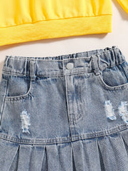 Girl's 2pcs Sweatshirt & Denim Skirt Set Letter Print Kid's Clothes