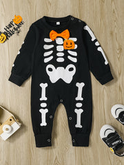 Baby Cotton Romper Halloween & Skull Graphic Bow Long Sleeve Creeper Jumpsuit