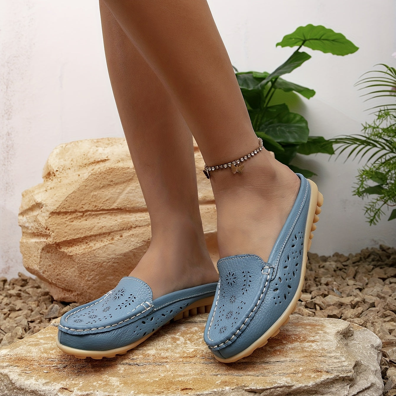 Women's Hollow Out Mules Flat Backless Loafers Slip On Shoes