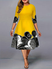 Colorblock Geo Print Round Neck A-line Party Dress