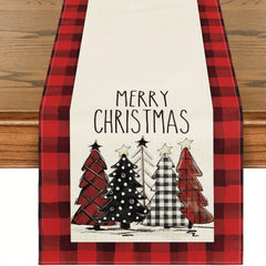 Linen Merry Christmas Table Runner Christmas Tree Print Holiday Decor