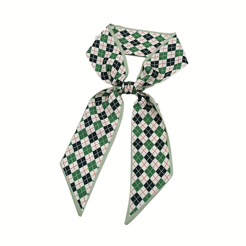 2pcs Green & Coffee Skinny Scarf Plaid Print Ribbon Neckerchief Bowknot Twilly
