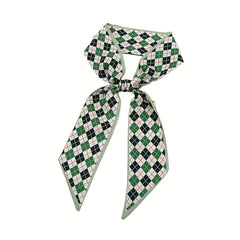 2pcs Green & Coffee Skinny Scarf Plaid Print Ribbon Neckerchief Bowknot Twilly