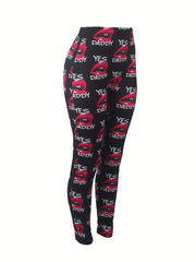 Casual Leggings Women's Plus Letter & Kiss Print Medium Stretch