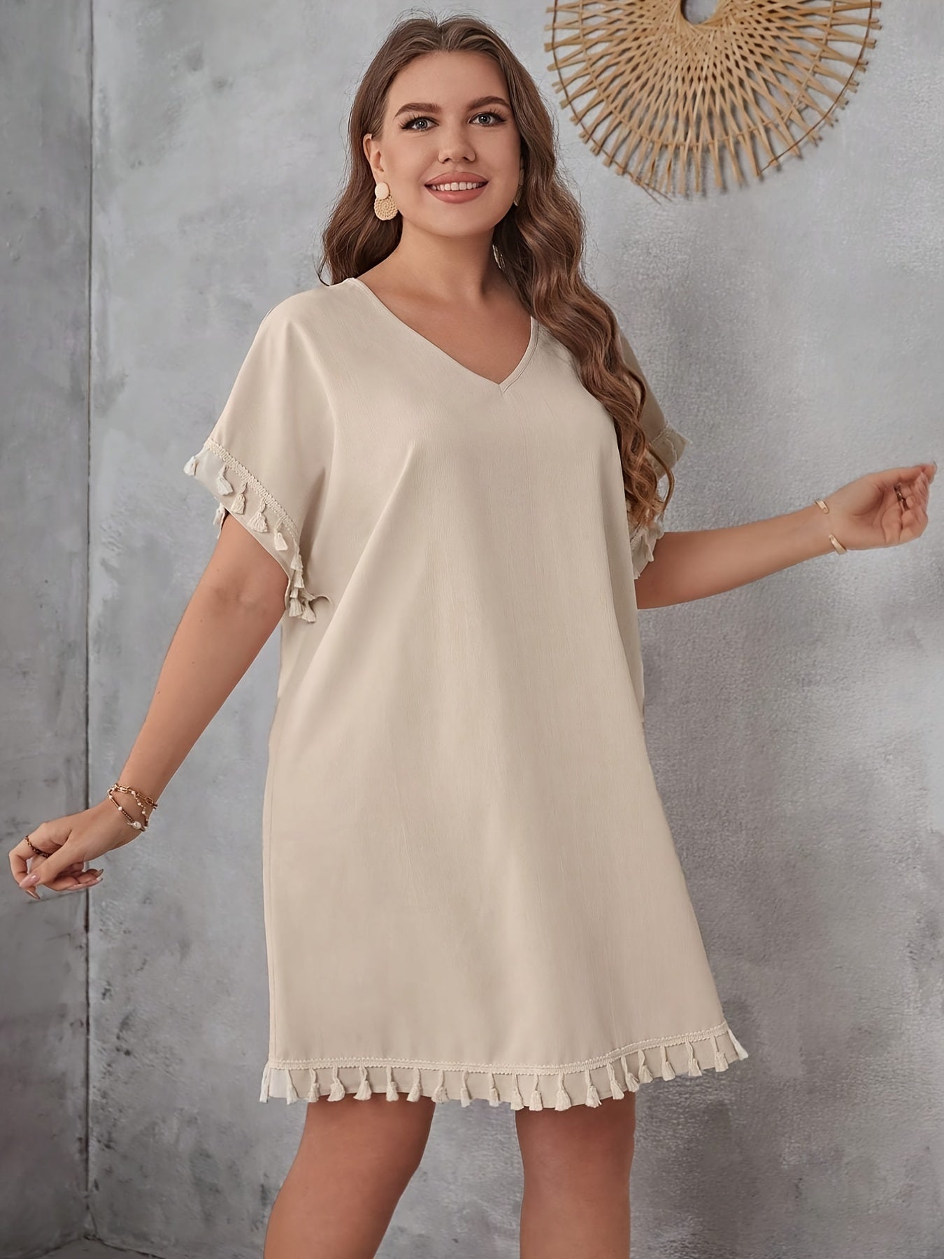 Solid Tassel Trim Batwing Sleeve V Neck Loose Dress