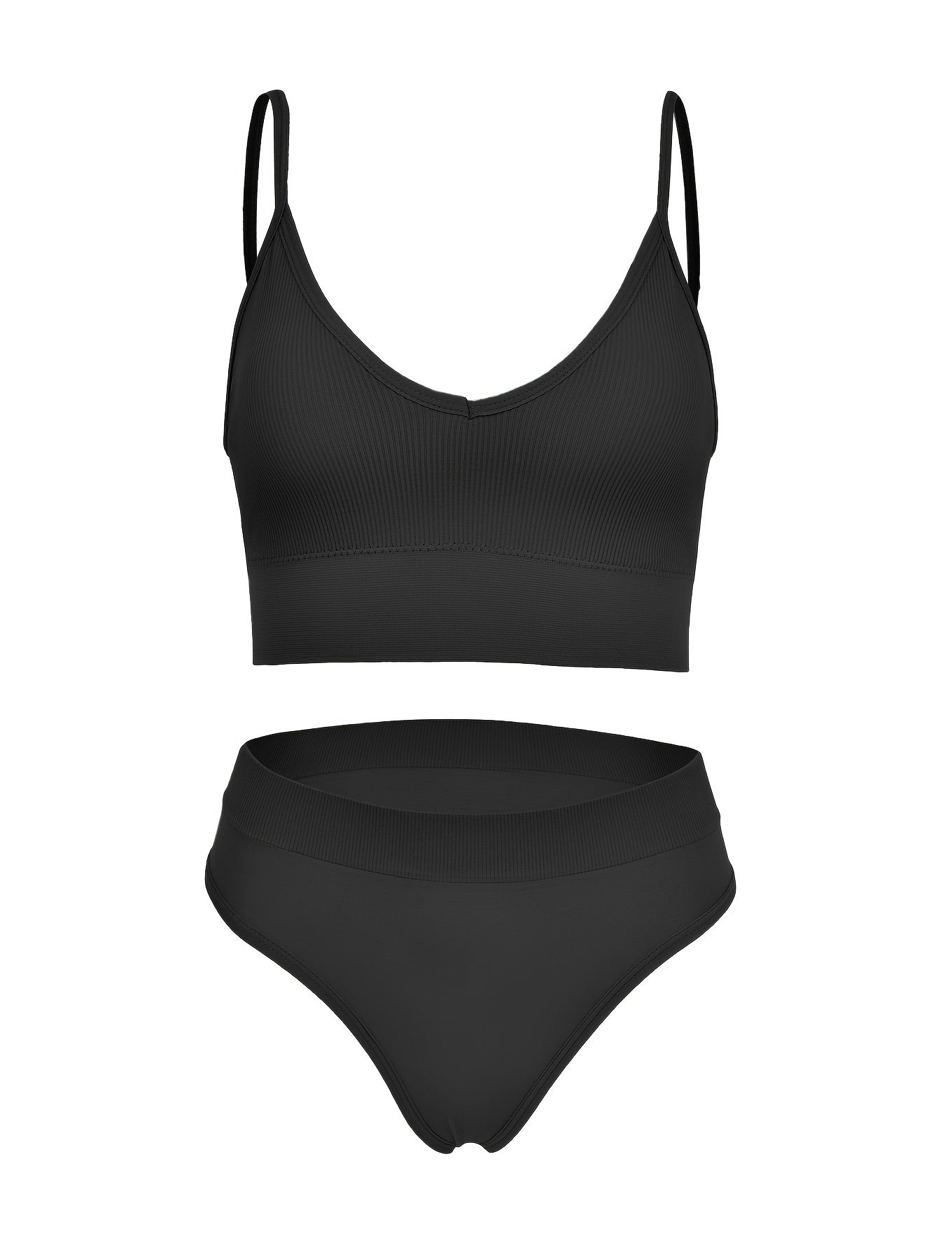 Solid Ribbed Bra & Panties Set Women's Underwear