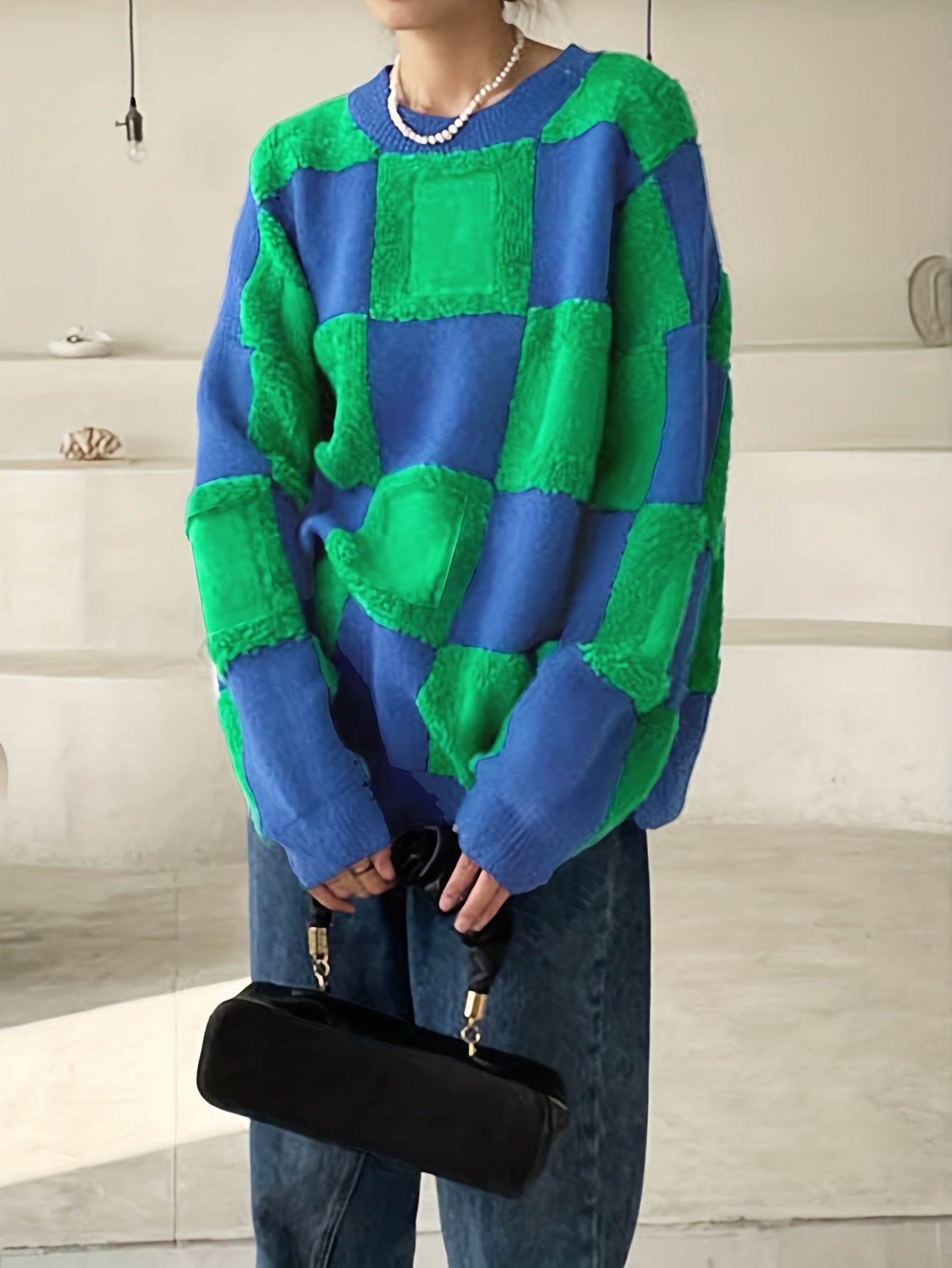 Y2K Checker Pattern Sweater Long Sleeve Round Neck Pullover Jumper