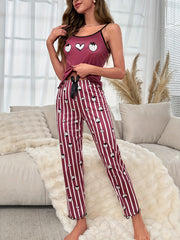 Strawberry Print Pajama Set Crew Neck Cami Top & Striped Pants