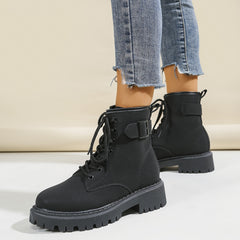 Women's Platform Ankle Combat Boots Lace Up Metal Buckle Round Toe Short Boots