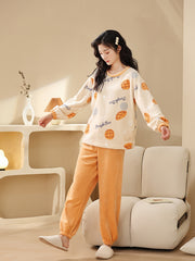 Cartoon Print Pajama Set Warm Long Sleeve Crew Neck Top & Lounge Pants