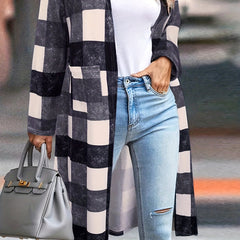 Plaid Print Pocket Open Front Coat Long Sleeve Outerwear