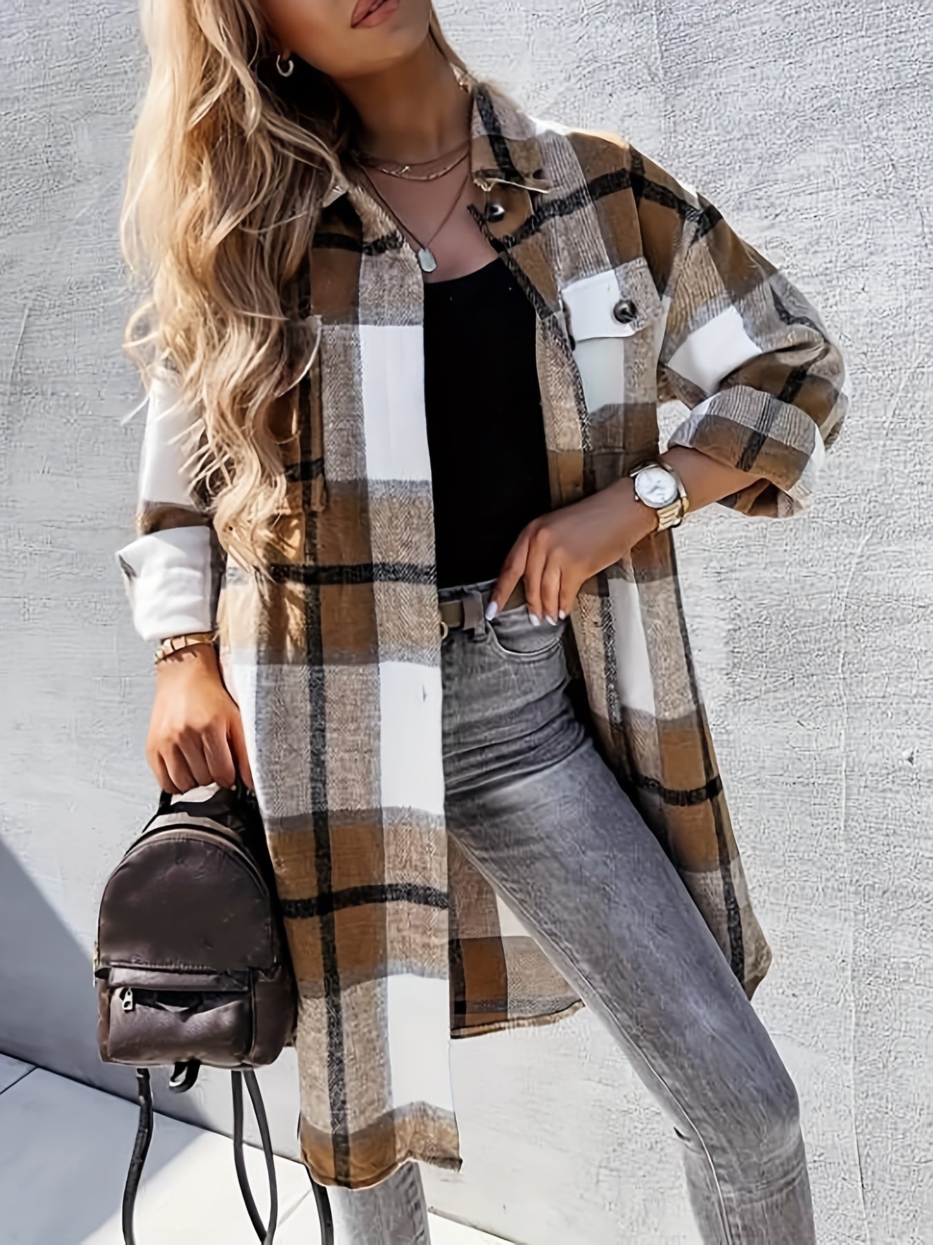 Plaid Print Long Length Jacket Button Front Outwear