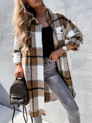Plaid Print Long Length Jacket Button Front Outwear