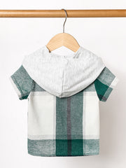 Boys Plaid Shirt Short Sleeves Hood Pocket Casual Kids Clothes