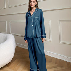 Solid Satin Lounge Set Long Sleeve Top & Elastic Waistband Pants