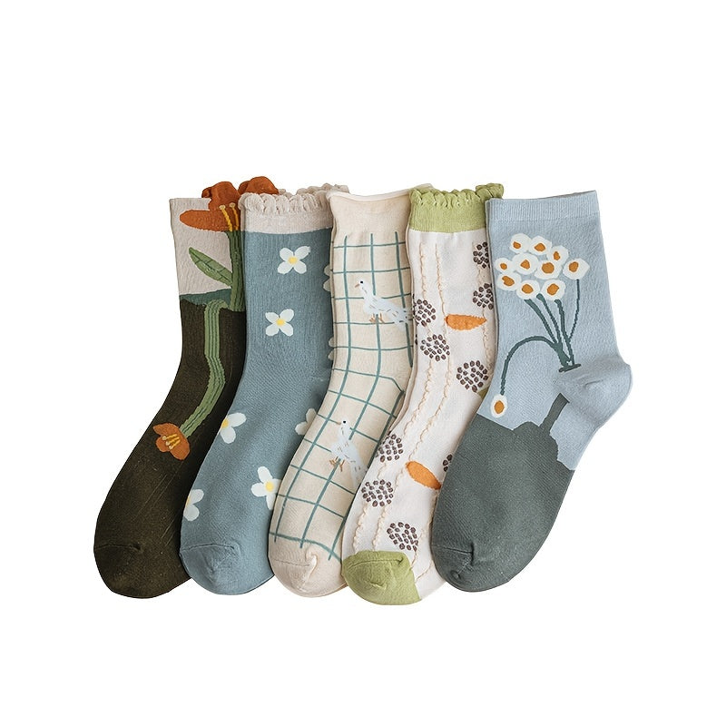 5 Pairs Floral Print Socks & Ruffle Curling Stockings
