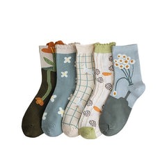 5 Pairs Floral Print Socks & Ruffle Curling Stockings
