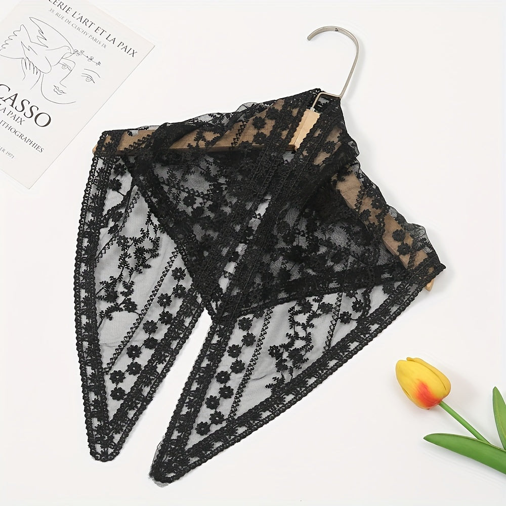 Lace Plaid Flower Triangle Scarf Women Neck Scarf Hollow Small Silk Neckerchief
