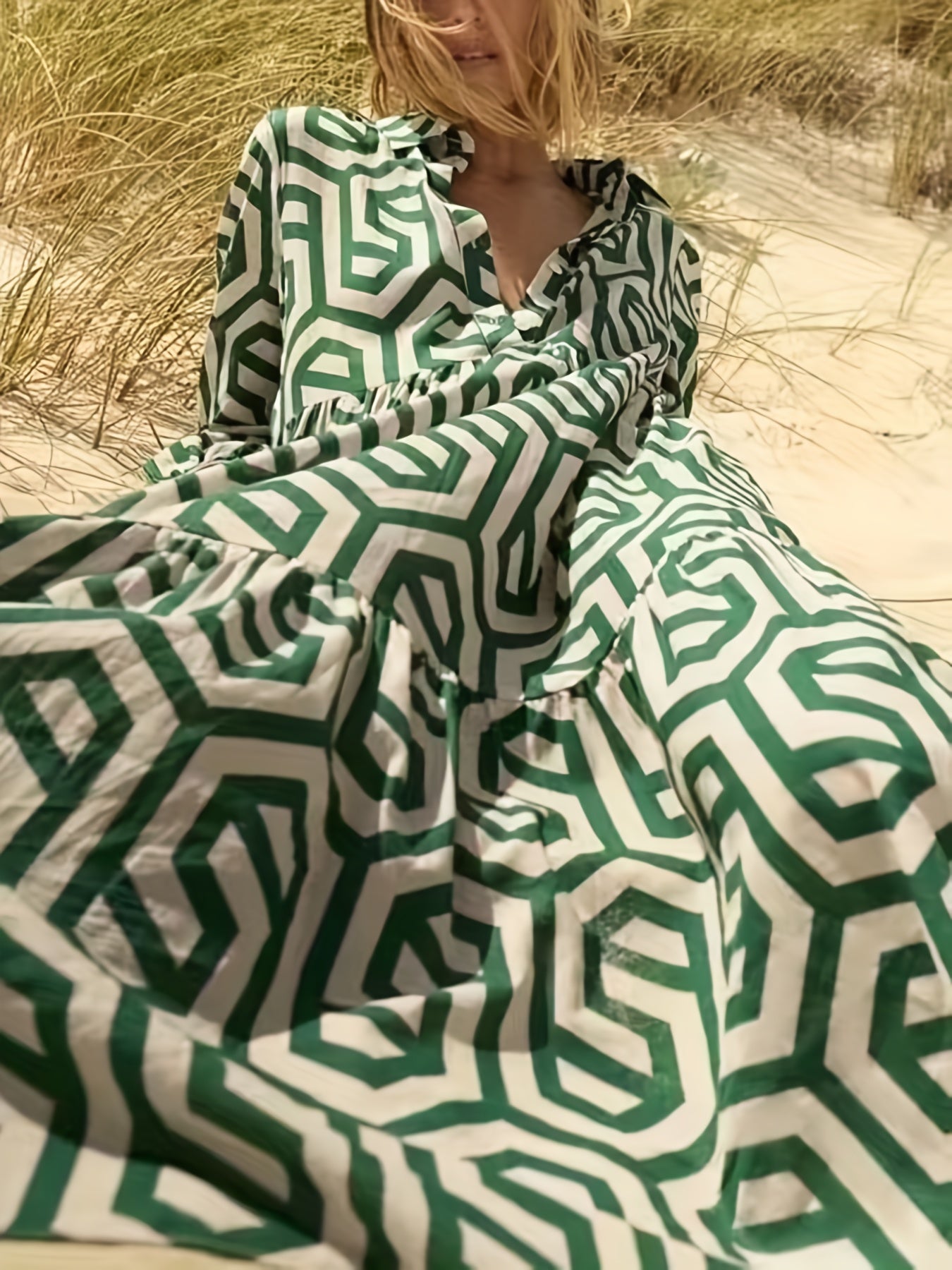 Geometric Print Long Sleeve Maxi Dress