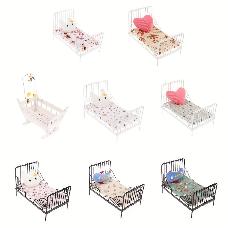 1:12 Dollhouse Mini Iron Bed Cradle with Cushion Mattress Bedroom Decor