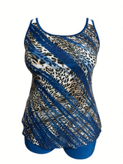 Leopard & Stripe Tankini Set Women's Round Neck Cami & Shorts Swimsuit
