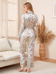 Floral Print Pajama Set Long Sleeve Robe & Pants