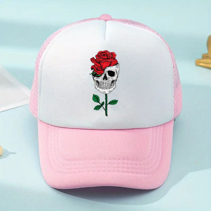 Skull Rose Print Baseball Cap Adjustable Sun Hat Hip Hop Dad Hats