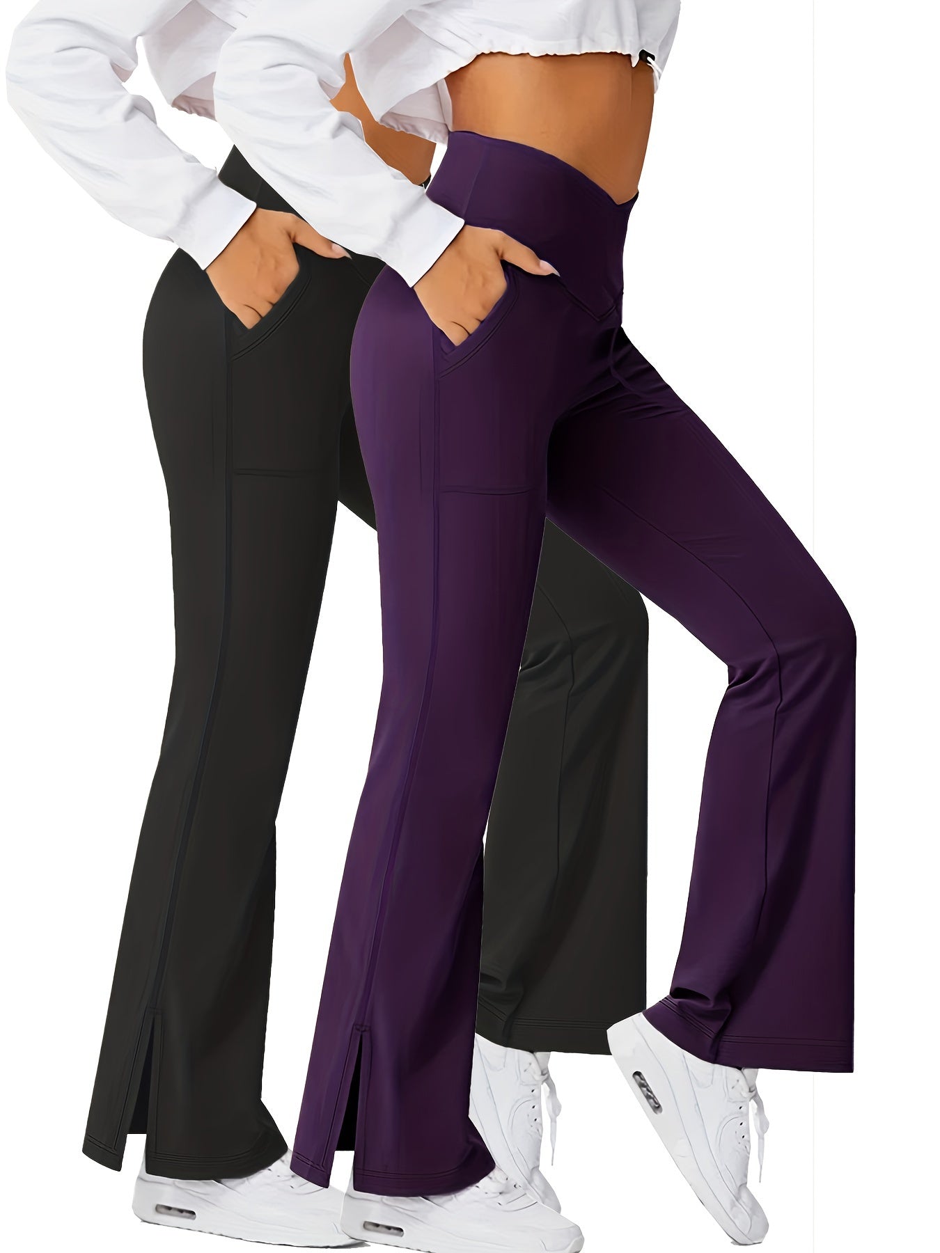 2 Pack Women's Plus Size Sports Pants Set Solid Wrap Wide Waistband Flared