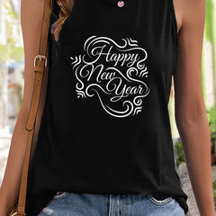 Happy Year Print Sleeveless Sports Vest Round Neck Stretchy Casual Tops Women's
