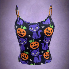 Cute Cat & Pumpkin Print Spaghetti Strap Top for Summer