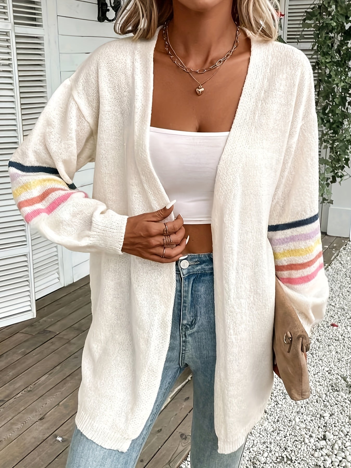 Plus Stripe Print Long Sleeve Open Front Cardigan