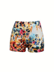 Flower & Cow Skull Print Skinny Shorts Elastic Waist Summer Clothing