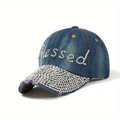 Blessed Rhinestone Denim Baseball Cap Lightweight Adjustable Casual Hat
