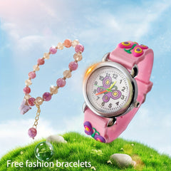 Kids Pink Butterfly Bracelet & Round Watch Set
