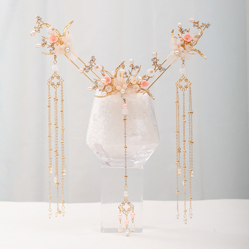 Faux Pearl Crystal Flower Tassels Hairpin Headband Wedding Bridal Jewelry
