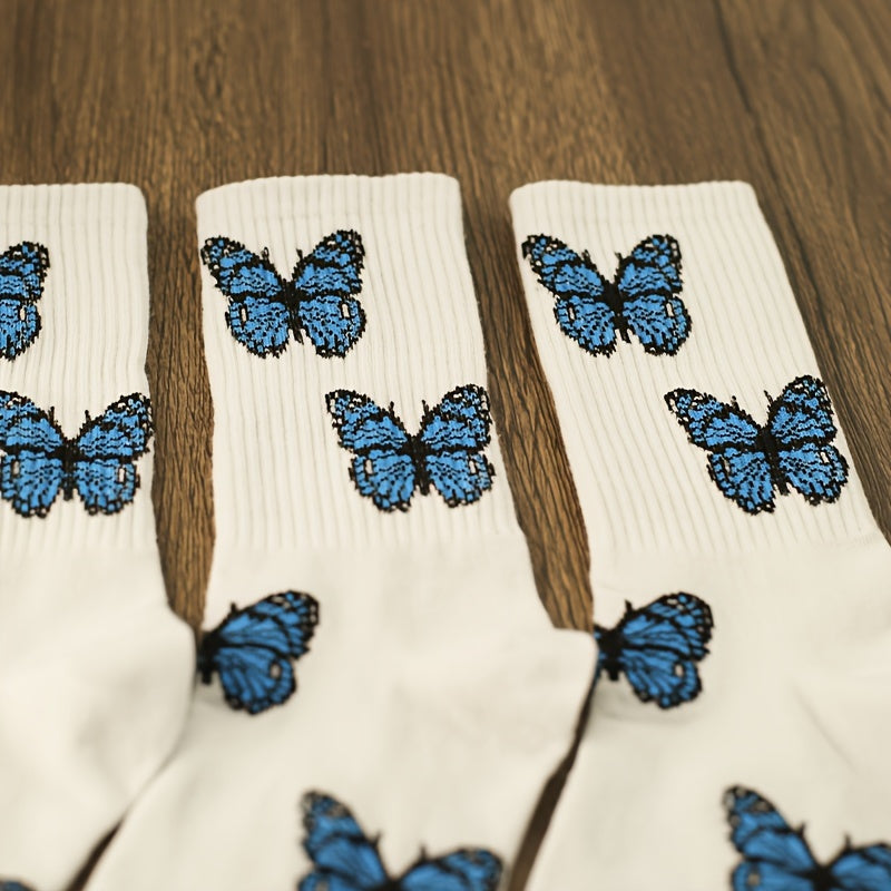 3 Pairs Butterfly Print Socks Comfy & Breathable Mid Tube Socks